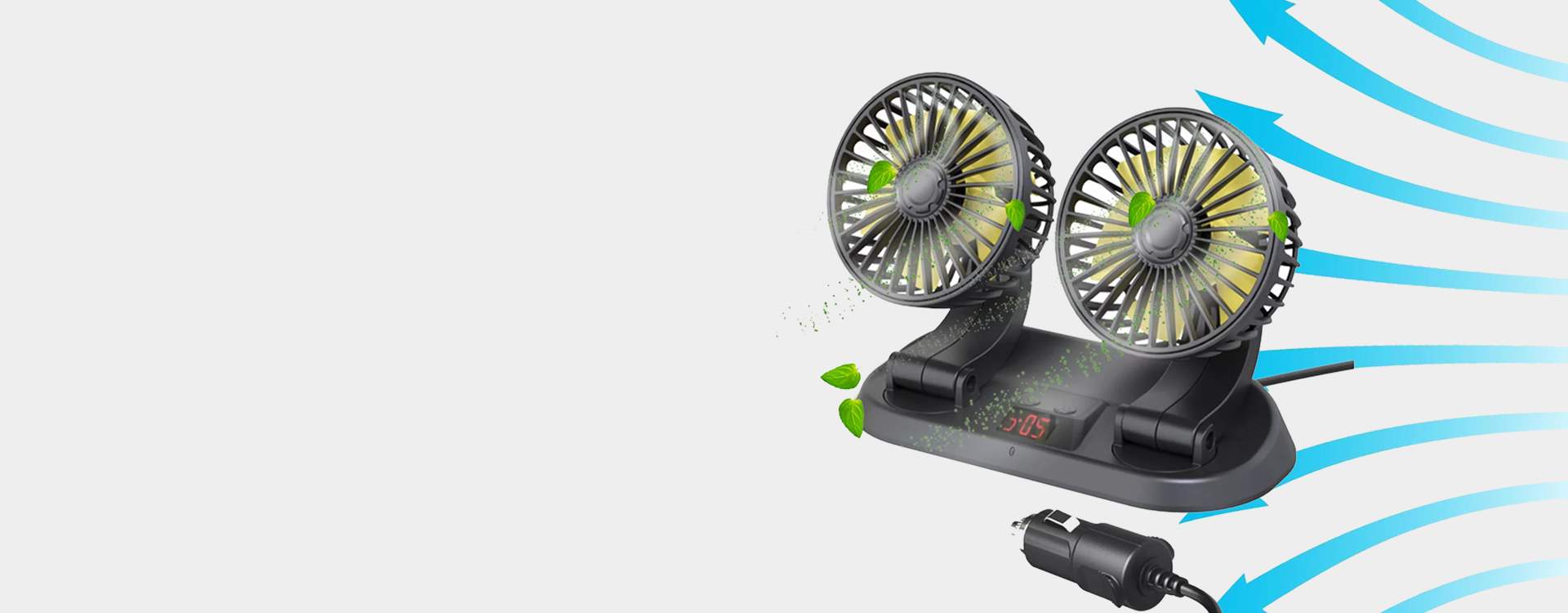 Car fan with dual fans and power cord on a white background